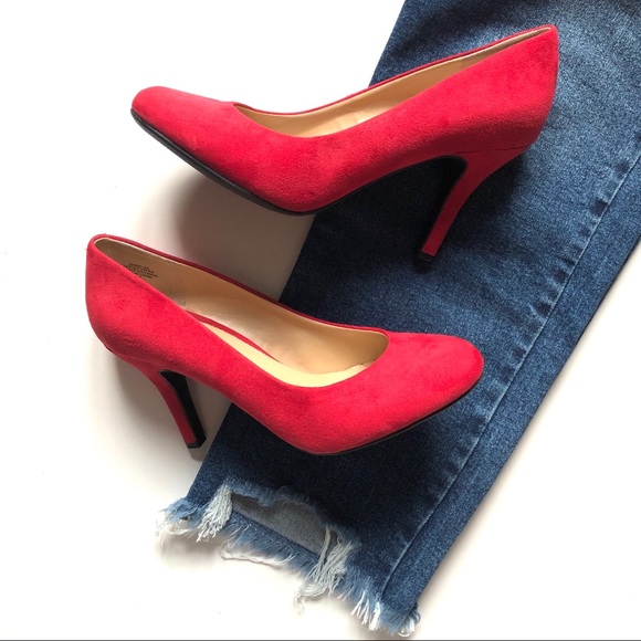 Kelly & Katie Shoes - Kelly & Katie Cherry Red Suede Round-Toe Heel Pump